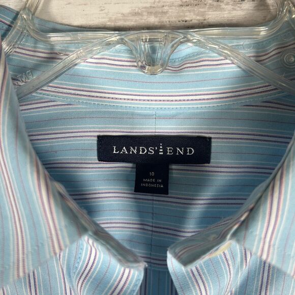 Lands’ End Blue Pinstripe Popover Cotton Elastane Blouse 10 - Picture 5 of 8
